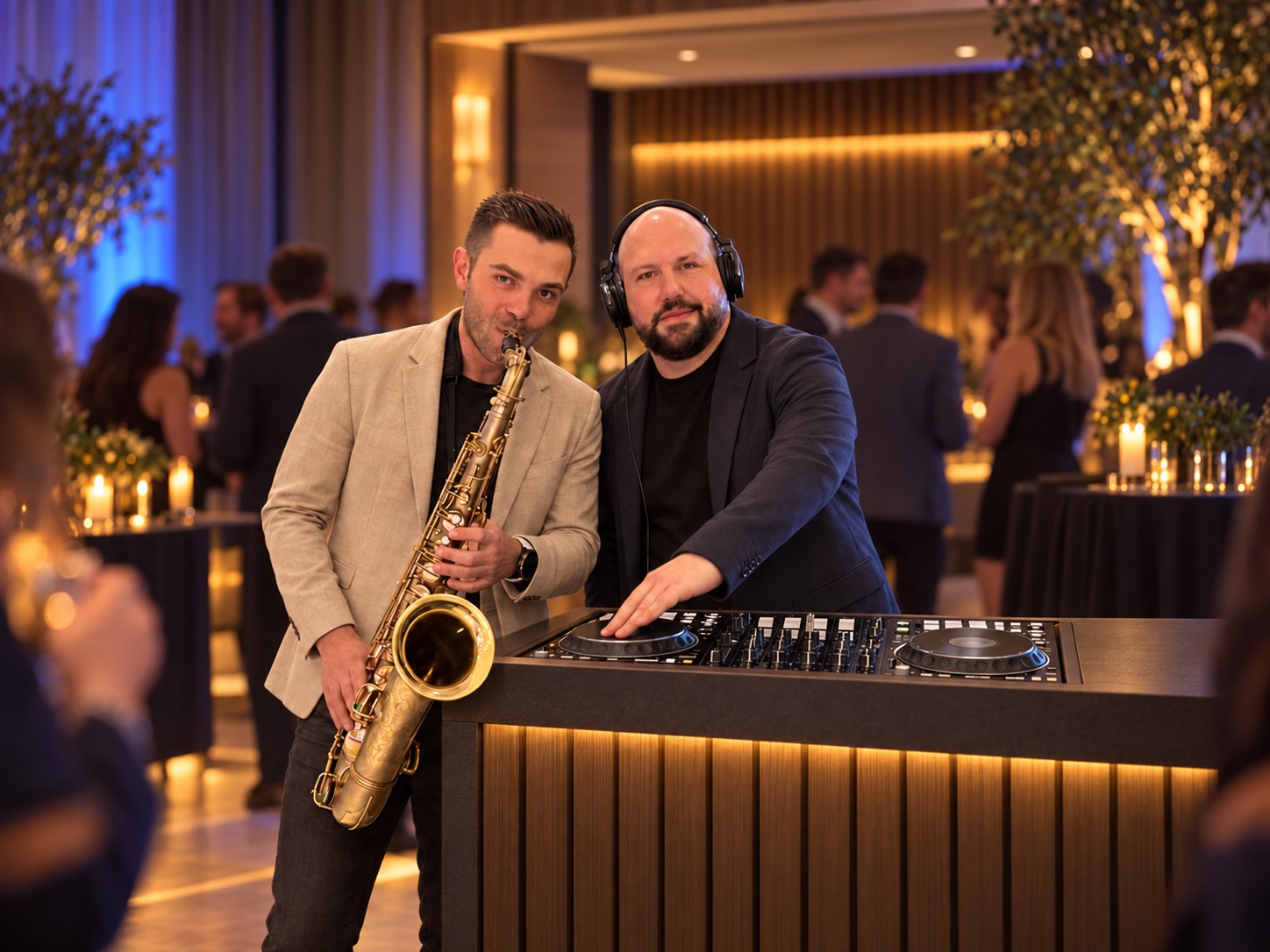 DJ ROBZ und Saxophonist Konstantinos hinter dem DJ-Pult